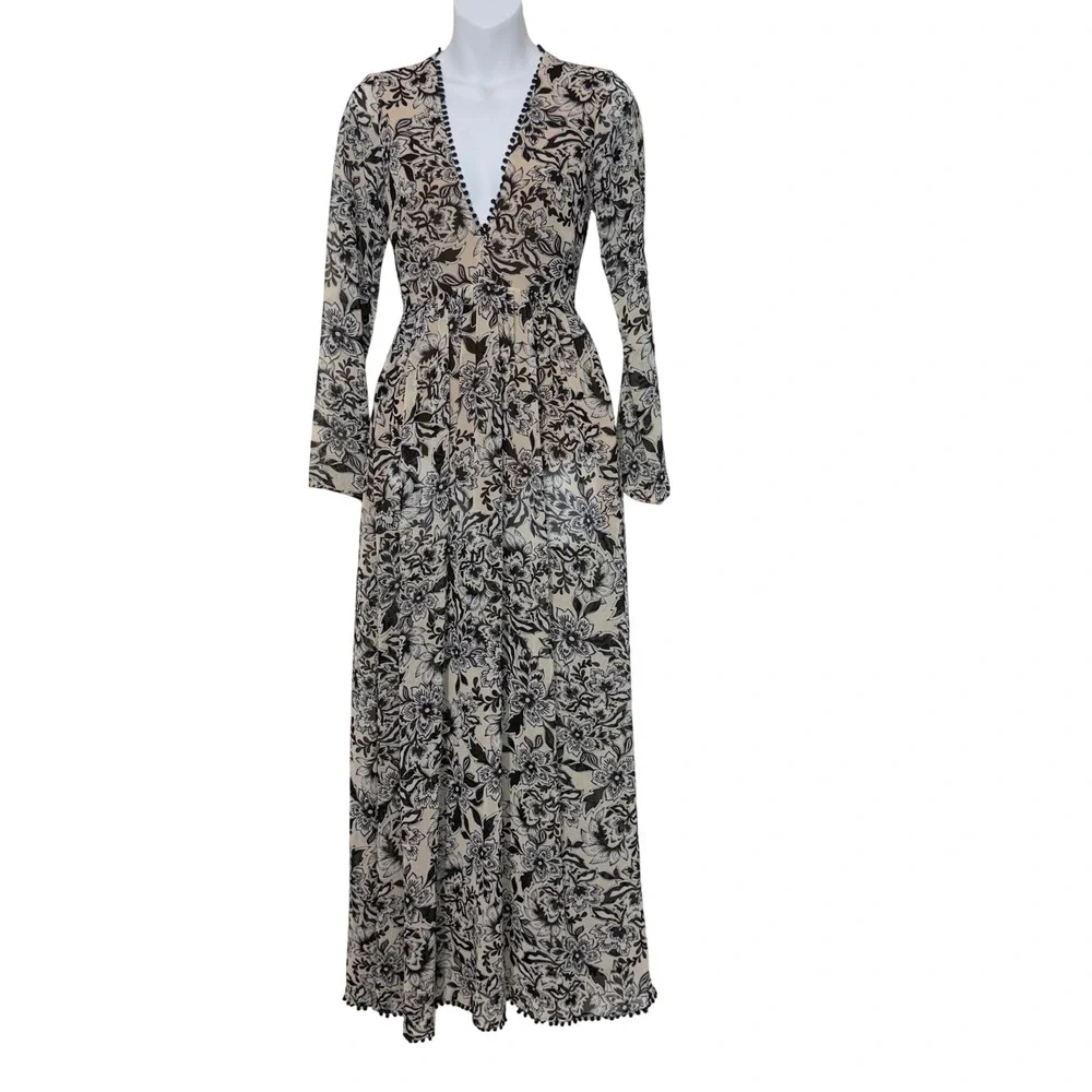 For Love & Lemons Maxi Dress Womens XS Black Cream Floral Pom Pom Bodysuit